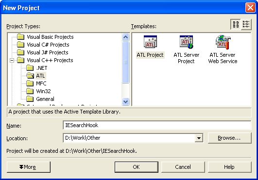 Customizing IE live search - Create ATL Project